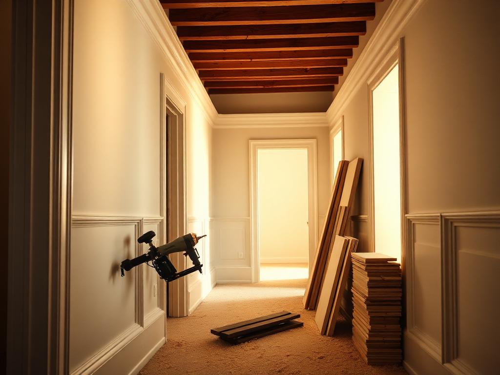 Crisp crown molding and baseboard trim carpentry in a hallway
