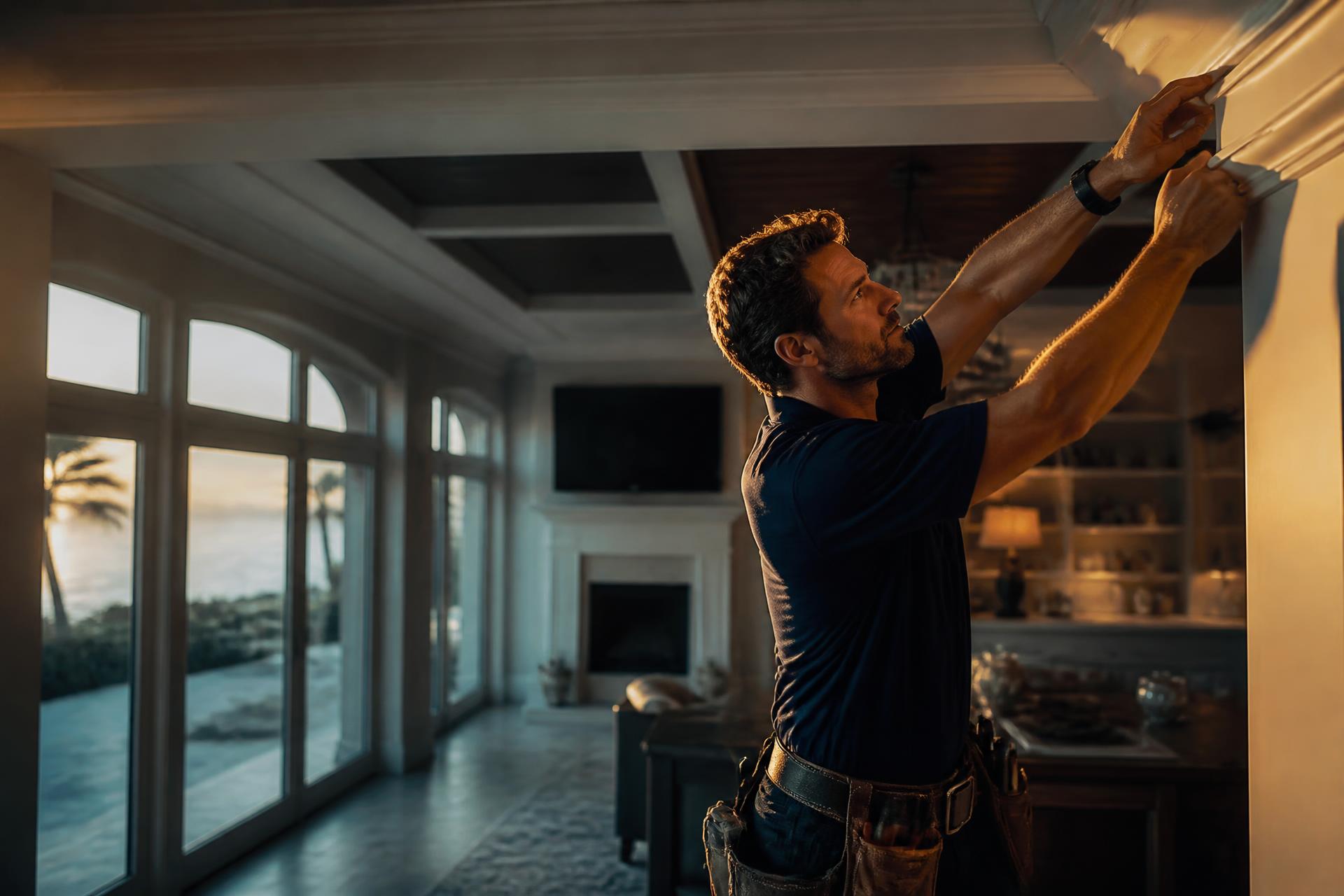 Handyman installing crown molding in a bright West Palm Beach living room
